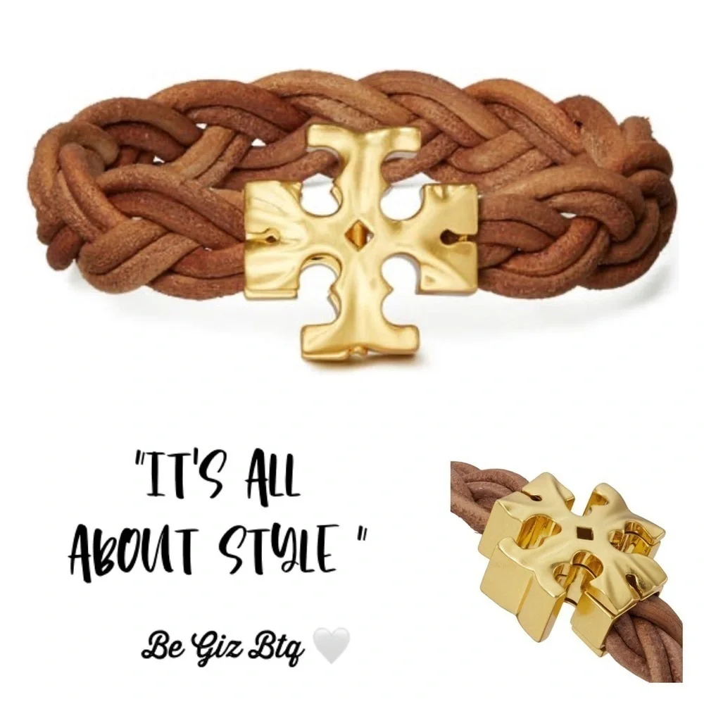 🆕Tory Burch Authentic Miller Fisherman 18KGold-Plated & Braided Leather Bracelet